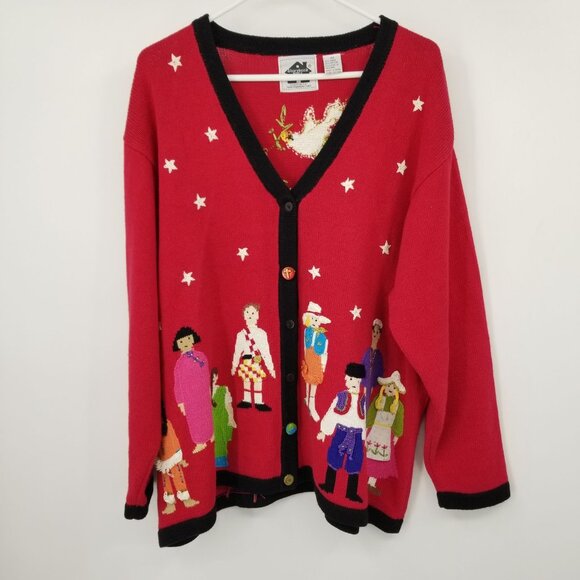 Vintage Storybook Knits World Unity and Peace Diversity Sweater 2X Red Artsy - Picture 1 of 13